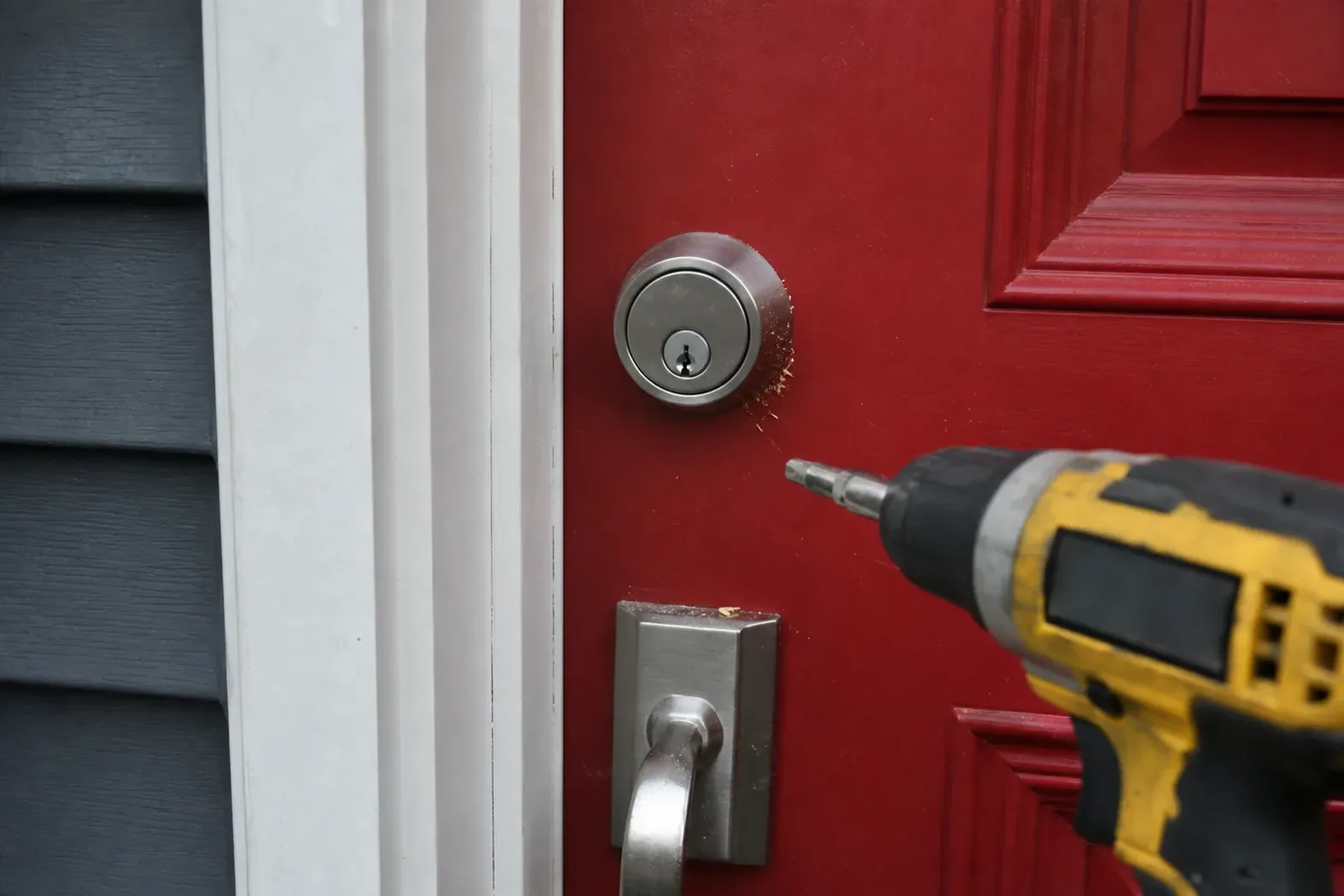 New deadbolt being installed in a front door