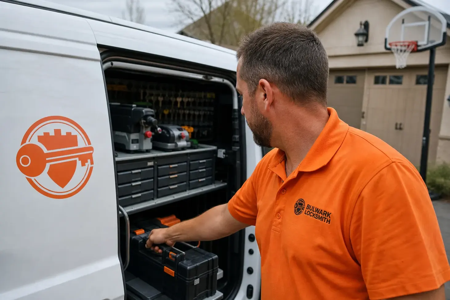 The Bulwark Locksmith service van, stocked for lockouts and key cutting in New Rochelle